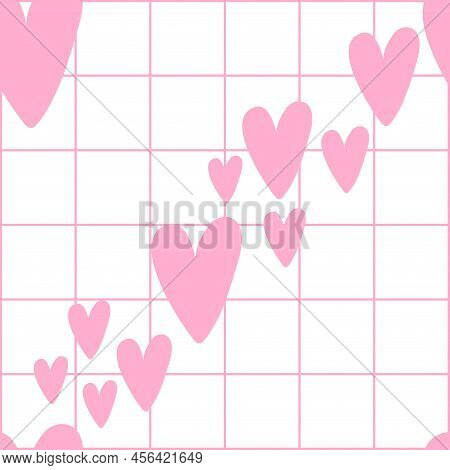 Pink And White Grid With Hearts Doodle Lines. Y2k 90s 2000s Seamless Pattern Vector Background. Retr