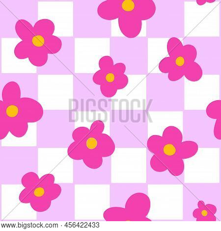 Pink And White Groovy Checkerboard Grid Seamless Pattern With Small Daisy Flower Doodle. Y2k 90s Sea