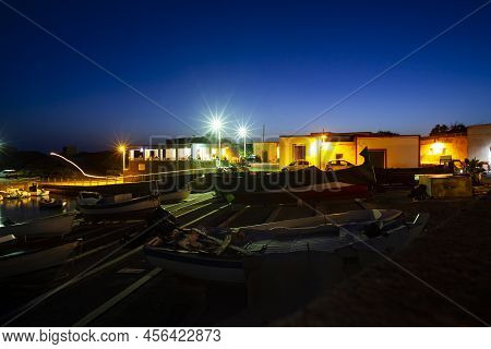 Night View Of The Linosa Old Pier, Pelagie Islands. Sicily