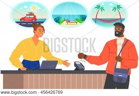 Cahier Thinking About Holidays, Summer Vacation. Dreamer Woman Working At Checkout With Pos Terminal