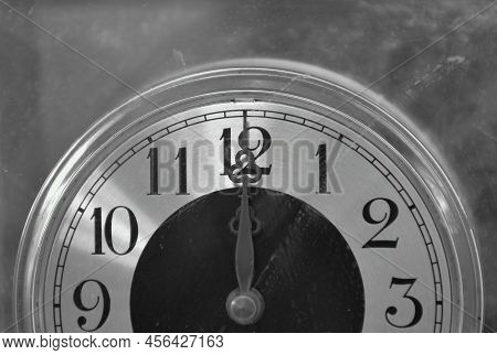 Old Long And Short Clockwises Pointing On Twelve O\' Clock At Noon Or Midnight Background