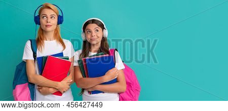 Mother And Daughter Child Banner, Copy Space, Isolated Background. Thoughtful Private Teacher And Ki