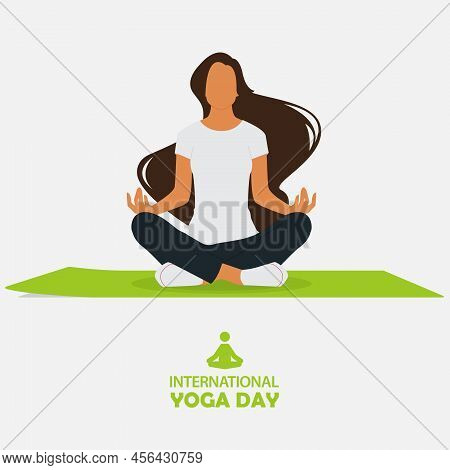 21 June International Yoga Day Banner Or Poster With Young Long Hair Woman Sitting In Meditation Pos
