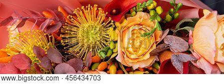 Red Pink Orange Autumn Colorful Fall Bouquet. Beautiful Flower Composition With Autumn Orange And Re