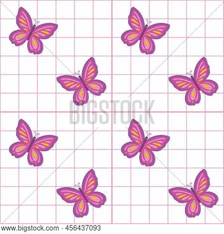 Pink And White Grid Chekers Seamless Pattern With Colorful Butterfly. Y2k 90s 2000s Seamless Pattern