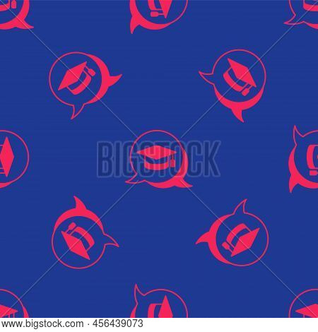 Red Graduation Cap In Speech Bubble Icon Isolated Seamless Pattern On Blue Background. Graduation Ha