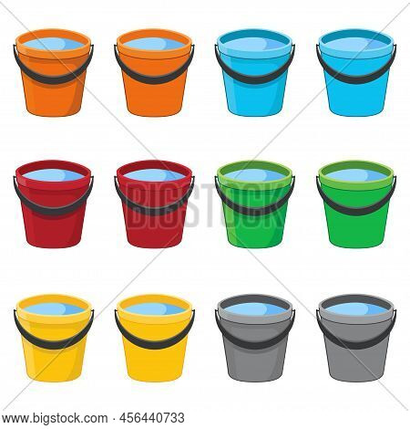 Set Of Cartoon Bucket With Water Isolated On White Background. Colorful Plastic Or Metallic Buckets 