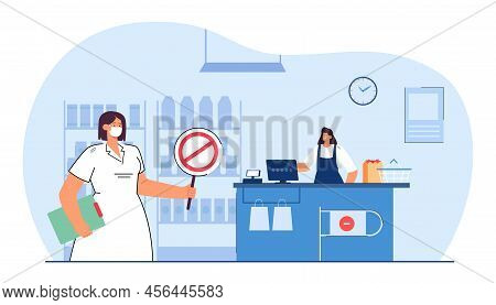 Woman In Facial Mask In Shop With Stop Sign. Cashier Without Mask Violating Health Regulations Stand