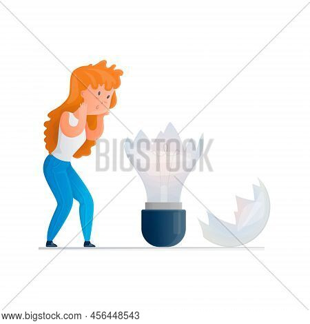 Broken Light Bulb And A Frightened Young Woman