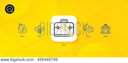 Bio Tags, Refresh And Circus Tent Minimal Line Icons. Yellow Abstract Background. Tool Case, Cloud C