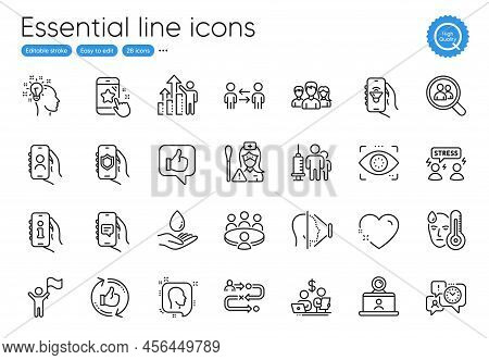 Security App, Chat App And Star Rating Line Icons. Collection Of Heart, Teamwork, Journey Path Icons