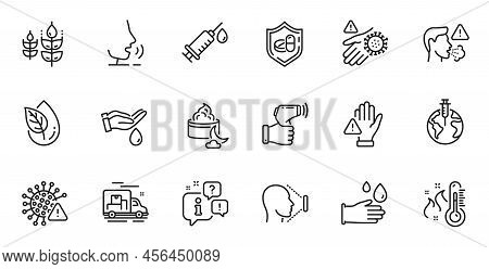 Outline Set Of Wash Hand, Night Cream And Organic Product Line Icons For Web Application. Talk, Info