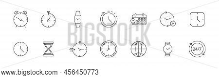 Time Line Icon Set. Clock Stroke Symbol. Watch Outline Pictogram. Timer, Stopwatch, Alam Thin Label.