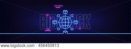 Neon Light Glow Effect. Logistics Network Line Icon. Parcel Tracking Sign. Goods Distribution Symbol