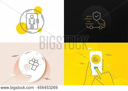 Minimal Set Of Gift, Inventory And Transport Insurance Line Icons. Phone Screen, Quote Banners. Elev