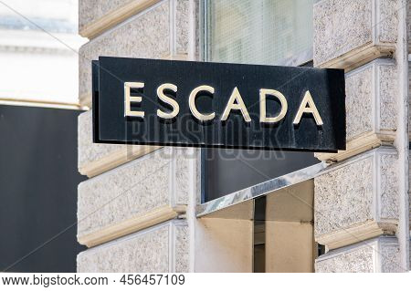 Vienna, Austria - July 27, 2021: The Banner Of Escada Fashion Store Which Sells Stylish Eyeglasses F