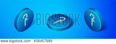 Isometric Crook Icon Isolated On Blue Background. Ancient Egypt Symbol. Scepters Of Egypt. Blue Circ