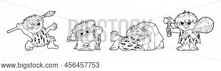 Prehistoric Primitive Man, A Set Of Dynamic Figures In Black And White Cartoon Style.stickers, Decal