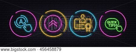 Ab Testing, Certificate And Swipe Up Minimal Line Icons. Neon Laser 3d Lights. Quick Tips Icons. For