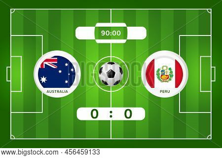 Australia - Peru Football Match. Infographic Banner With Text. Scoring Goals. Round Stickers With Co
