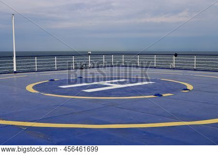 Blue Marked Helipad For Helicopter Landing On Ferry Out In The Sea