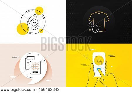 Minimal Set Of Wash T-shirt, Passport Document And Hypoallergenic Tested Line Icons. Phone Screen, Q