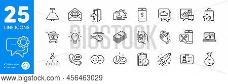 Outline Icons Set. Award App, Web Mail And Dollar Icons. Exam Time, Like, Clapping Hands Web Element
