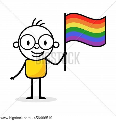 Man Holding Flag Of Homosexuality Isolated On White Background. Hand Drawn Doodle Line Art Man. Conc
