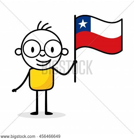 Man Holding Flag Of Chile Isolated On White Background. Hand Drawn Doodle Line Art Man. Concept Of C