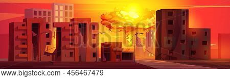 Atomic Bomb Explosion In Destroyed City With Broken Buildings. Vector Cartoon Illustration Of Atom W