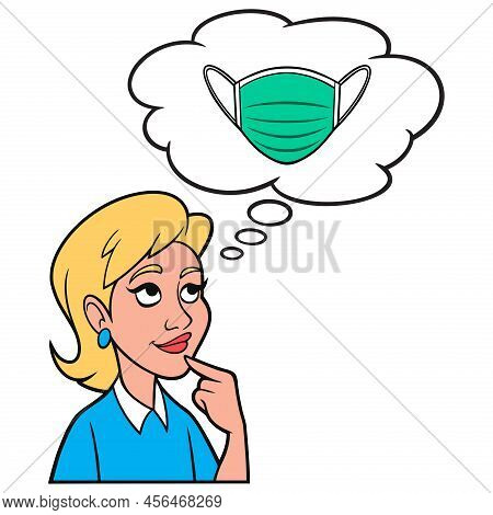 Girl Thinking About A Medical Face Mask - A Cartoon Illustration Of A Girl Thinking About Side Effec
