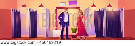 Man Looking At Girl Trying Red Dress In Fitting Room In Fashion Store. Vector Cartoon Illustration O