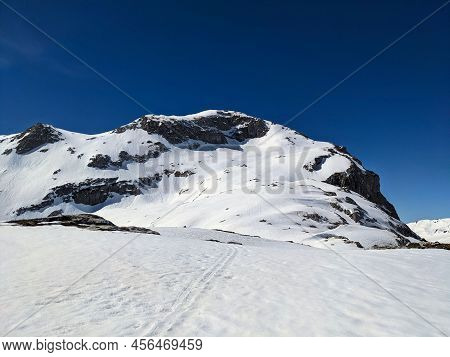 Ski Tour On The Wiss Platte Mountain Above Sankt Antonien In Graubunden, Switzerland. Ski Mountainee