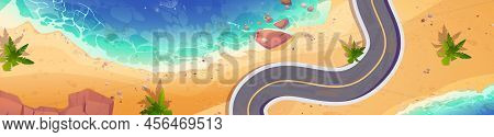 Asphalt Road Going Along Sea Beach Top View Panoramic Background, Tropical Ocean Coastline With Palm