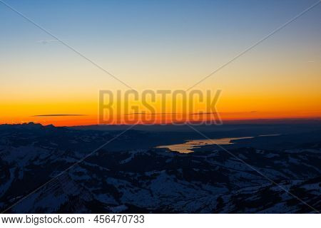 Santis Peak Mountain Switzerland. Spectacular View, Sunset. Winter Snow Covered Mountains