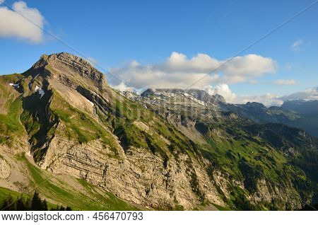 Zindlenspitz. Mountain Above The Wagitalersee In Innerthal Schwyz Glarus. Nice Hike To The Summit In