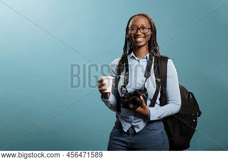 Young Adult Woman With Photographing Hobby Smiling Heartily At Camera. Happy Positive Photography En
