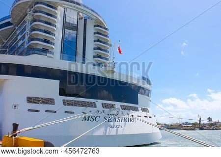 Msc Seashore Cruise Ship Docked At Tropical Island Ocean Cay, Bahamas