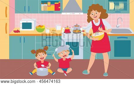 Children Bad Behavior Flat Compositons With Naughty Kids And Mom On A Kitchen Vector Illustration