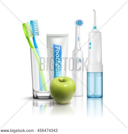 Realistic Teeth Care Composition With Water Flosser Electric And Manual Toothbrushes Tube Of Toothpa