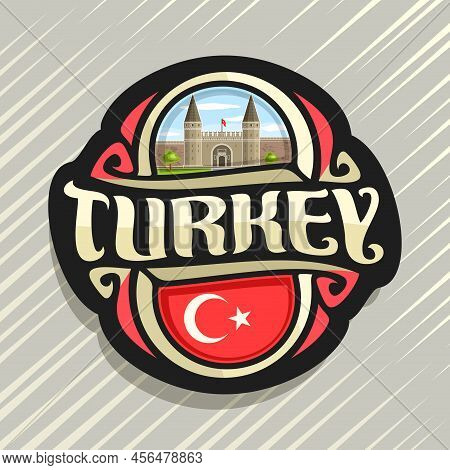 Vector Logo For Turkey Country, Fridge Magnet With Turkish State Flag, Original Brush Typeface For W
