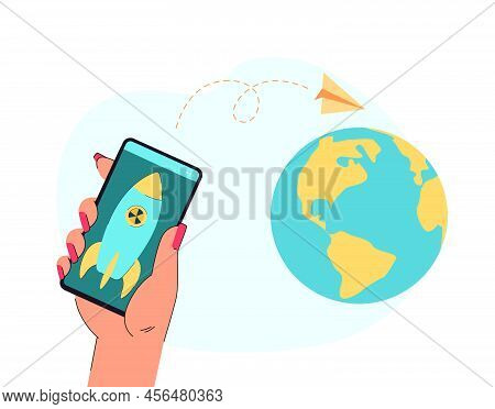 Missile On Phone Screen In Human Hand Flat Vector Illustration. Globe In Blue And Yellow Colors. Rem