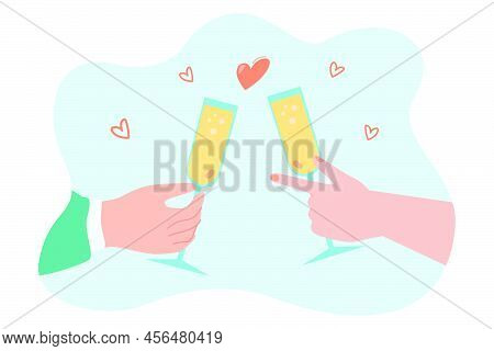 Peoples Hands With Glasses Of Champagne Flat Vector Illustration. Man And Woman Clinking Glasses On 