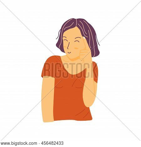 Cheerful Young Girl With A Bob Smiles And Holds Finger To Her Temple With Intention Of Thinking. Col