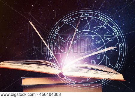 Old Books, Illustration Of Zodiac Wheel With Astrological Signs And Starry Sky At Night