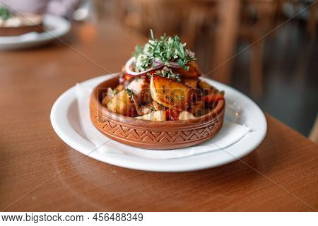 Georgian National Dish Ojahuri With Meat On Wooden Background.