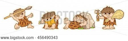 A Set Of Funny Stickers Of A Prehistoric Primitive Man, Dynamic Figures Of A Character In A Cartoon 