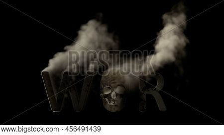 Text War With Skull Smoking On Black Backdrop, Isolated - Abstract 3d Illustration