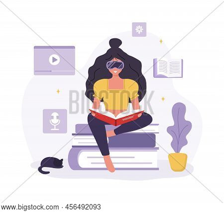Metaverse, Cyberspace Or Virtual Reality Concept. Woman In Vr Glasses Sitting And Reading Books. Mod