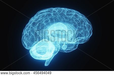 Glowing X-ray Image Of Human Brain In Blue Wireframe On Isolated Black Background. Science And Medic
